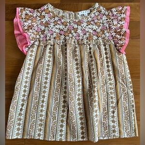 THML Floral Embroidered Blouse with Stripes - Pink, Brown, Cream